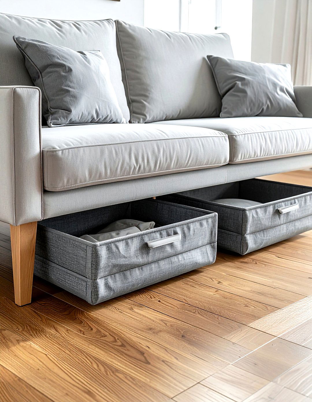 Under Sofa Storage - 30 living room organization hacks