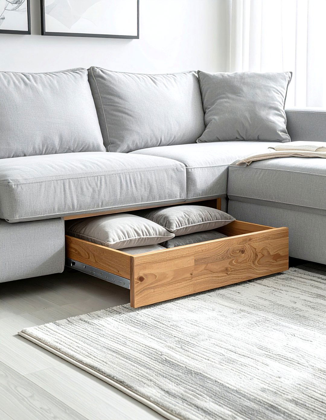 Under Sofa Storage Drawer - 30 living room pillow storage ideas