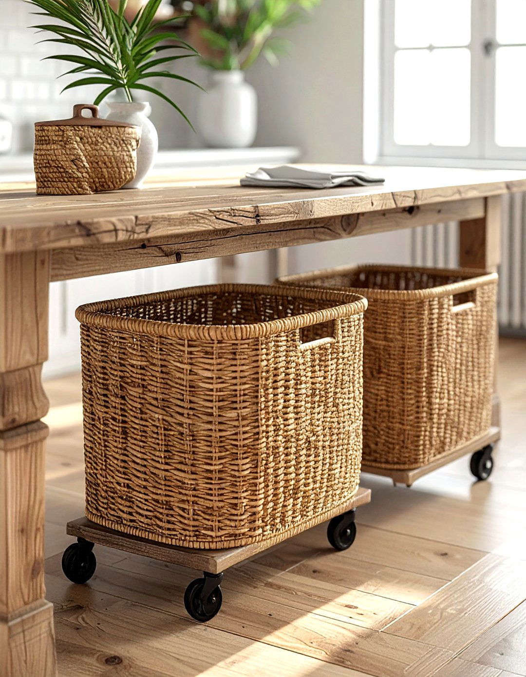 Under Table Rolling Baskets - 30 dining room under bed storage ideas
