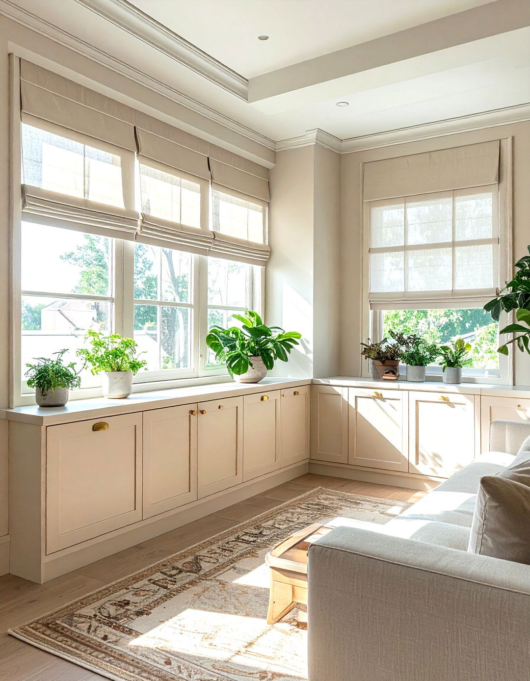 Under Window Cabinetry - 30 living room creative storage ideas