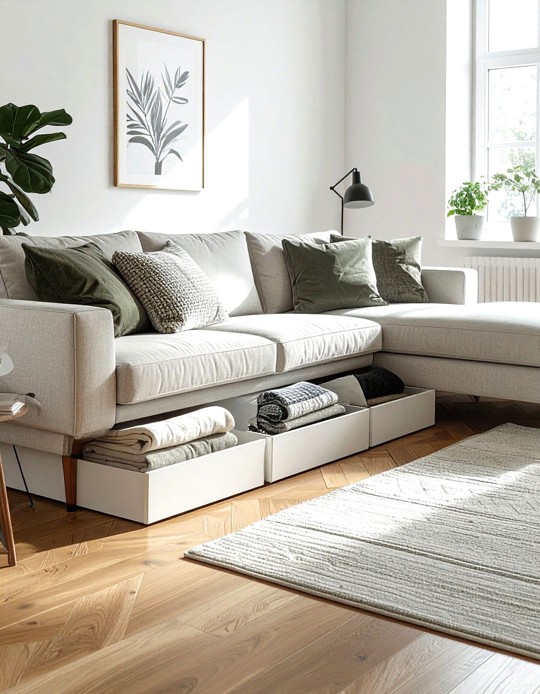 Under sofa rolling bin - 30 living room blanket storage ideas