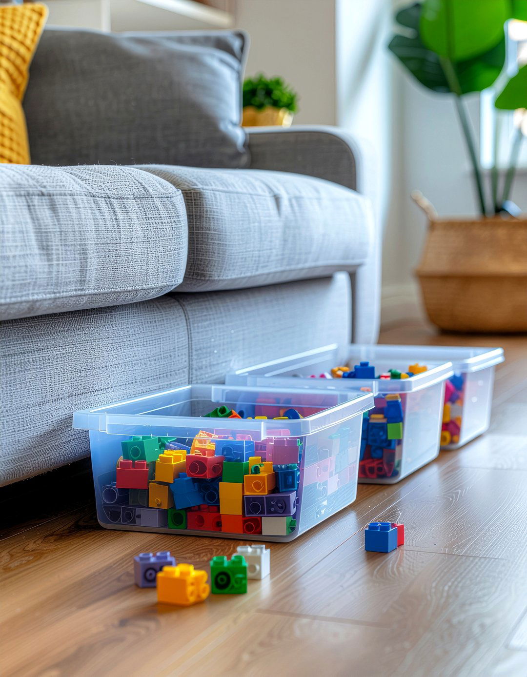 Under sofa storage bins - 30 kid friendly living room ideas