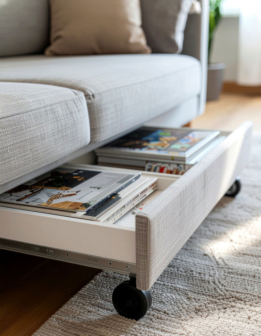 Under sofa storage drawer - 30 living room storage box ideas