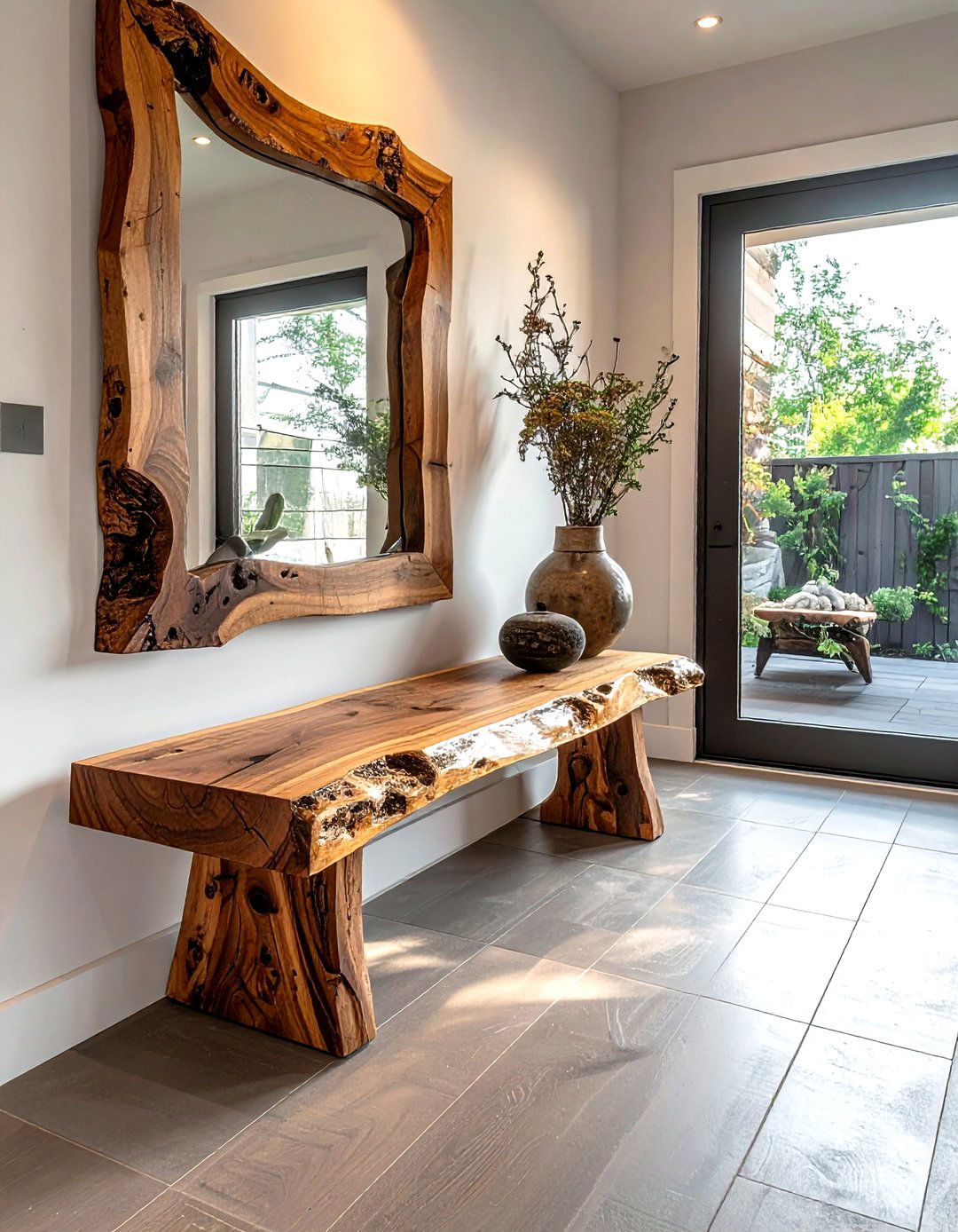 Unstructured Entryway Bench - 30 decor asymmetry ideas