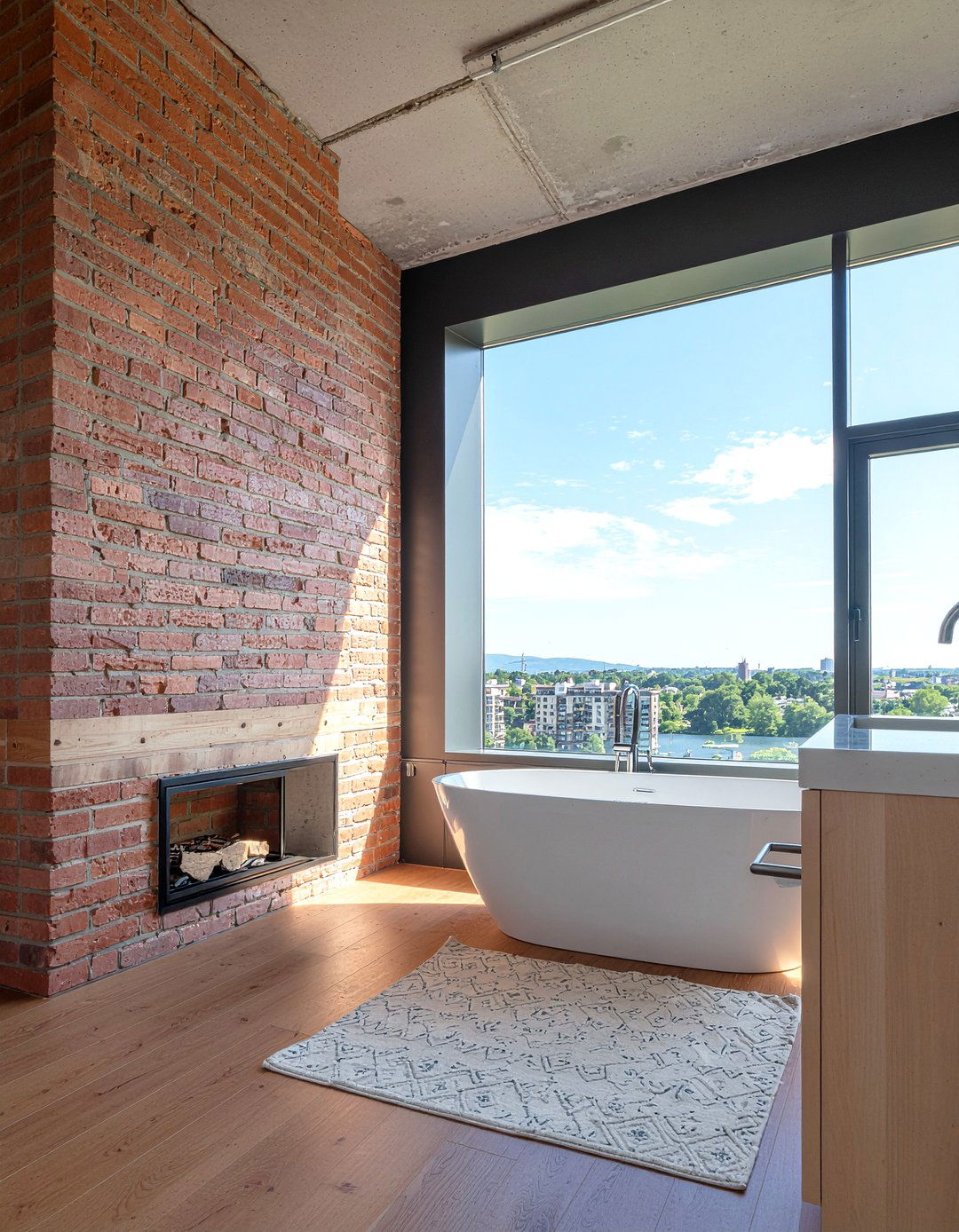 Urban Loft Bathroom With Exposed Brick Fireplace - 30 freestanding tub with fireplace ideas