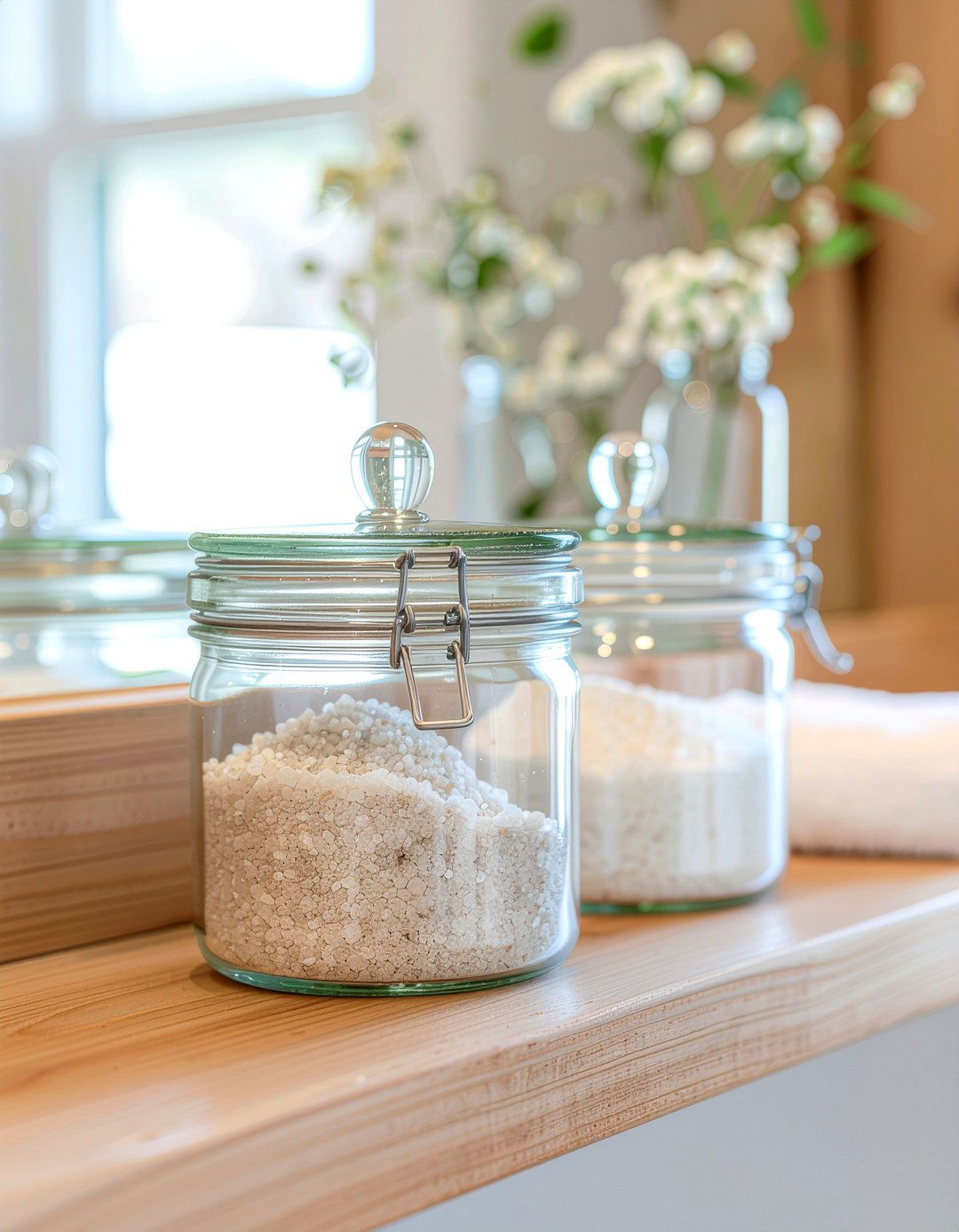 Use glass canisters - 30 bathroom on a budget ideas