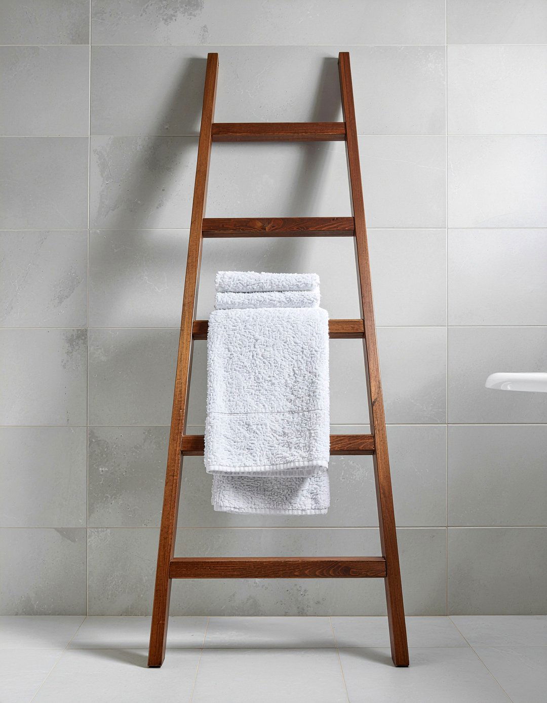 Use ladder towel rack - 30 low cost bathroom makeover ideas