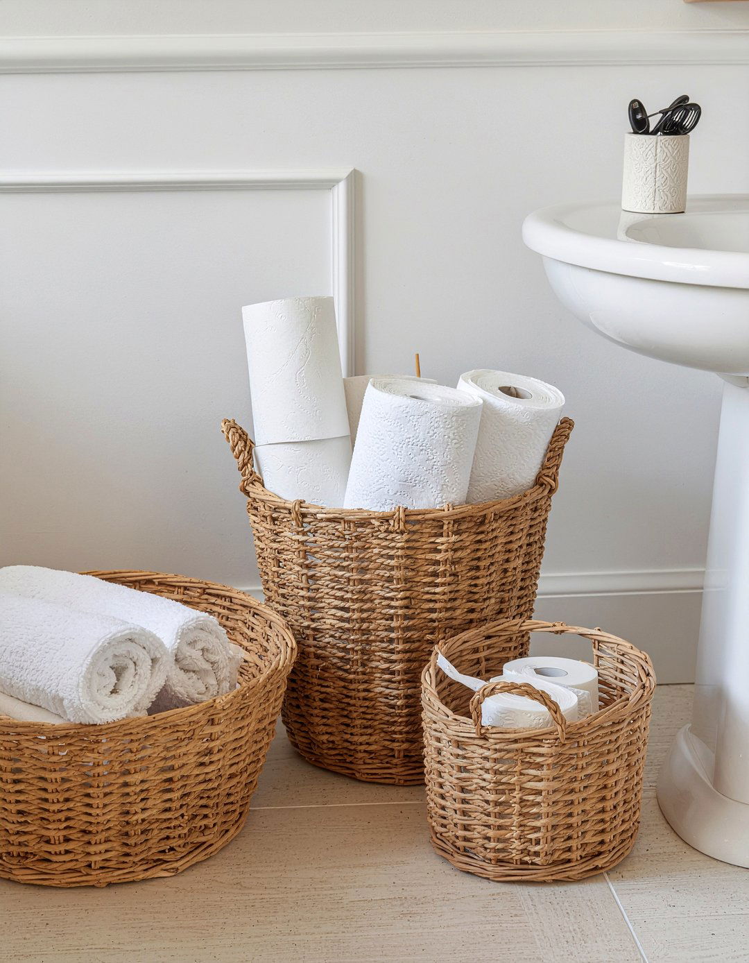 Use wicker baskets - 30 bathroom on a budget ideas