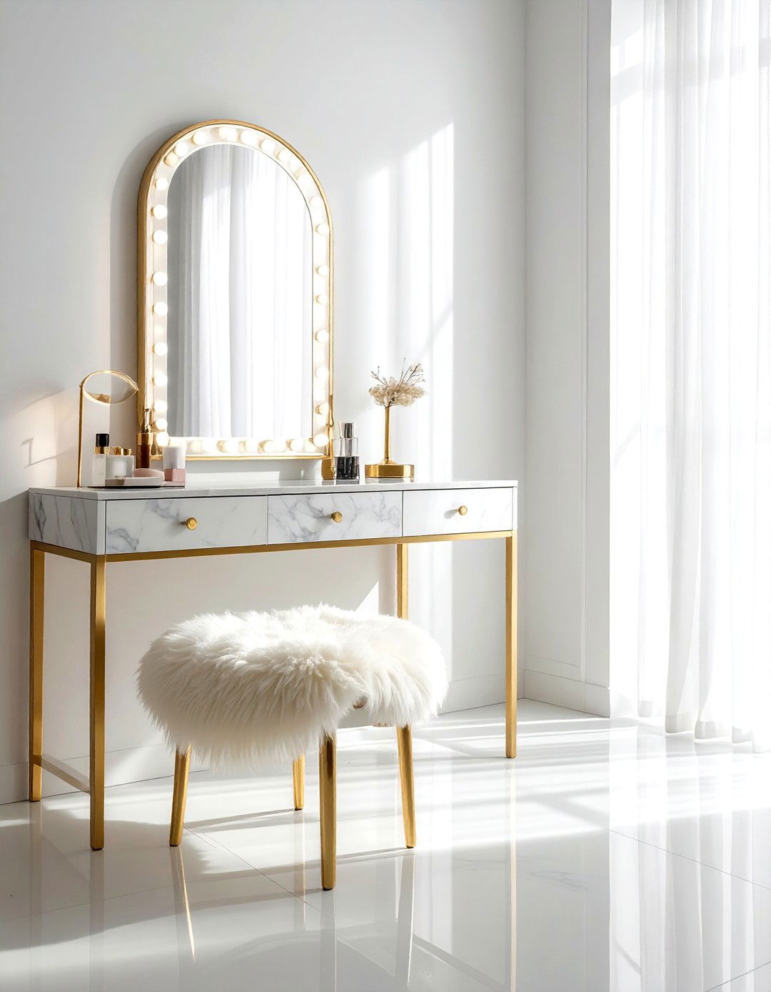 Vanity area with sheepskin rug stool - 30 sheepskin rug ideas