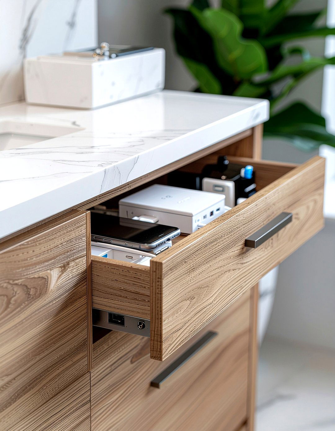 Vanity charging station - 30 bathroom entertainment ideas