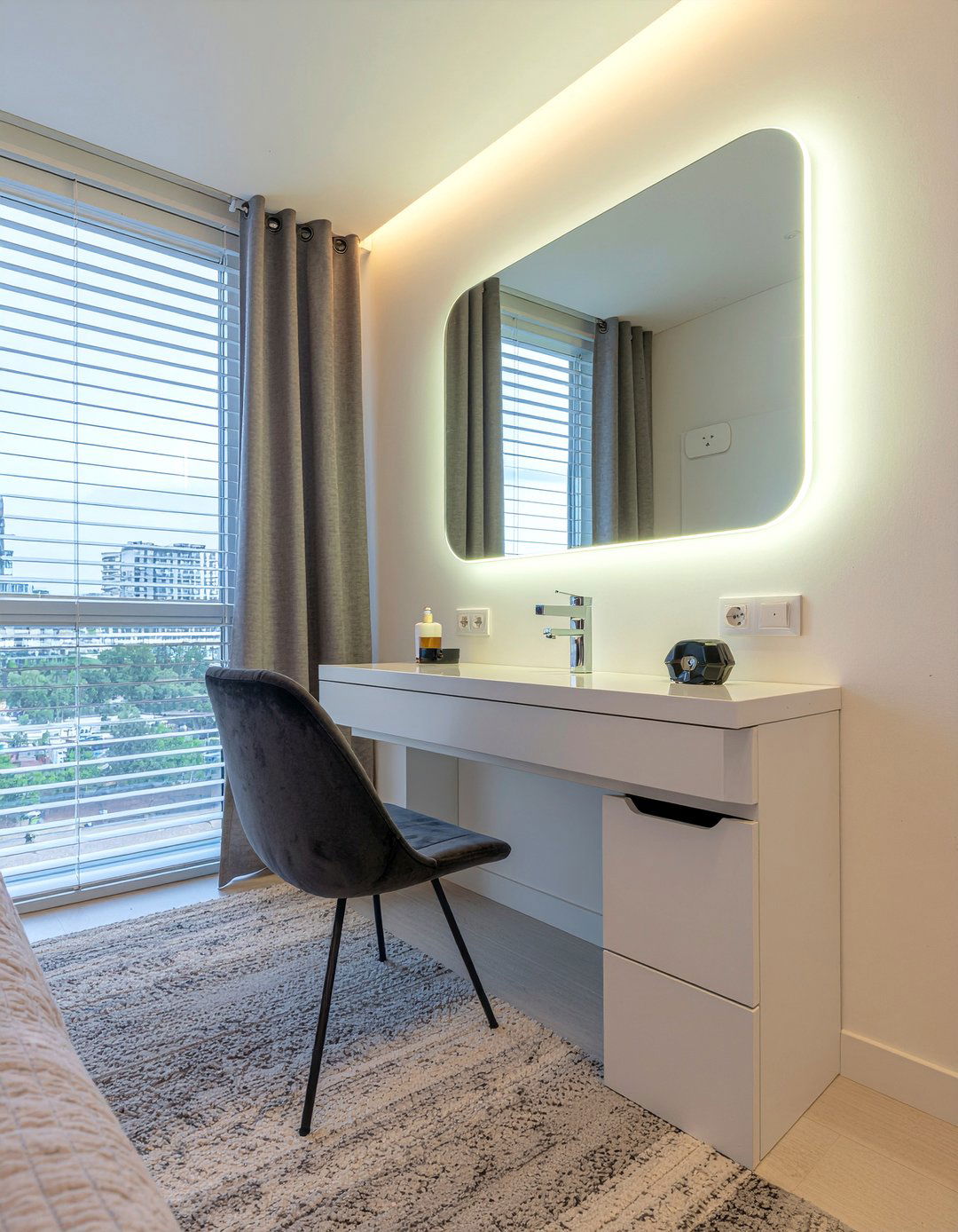 Vanity with lighted mirror - 30 bedroom makeup vanities