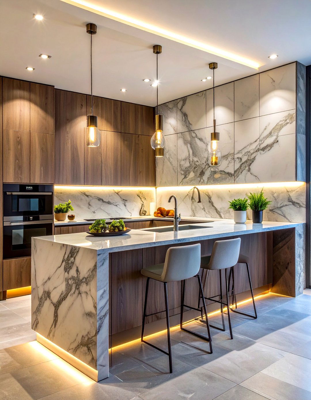 Veined Stone Backsplash - 30 veined countertop kitchen ideas