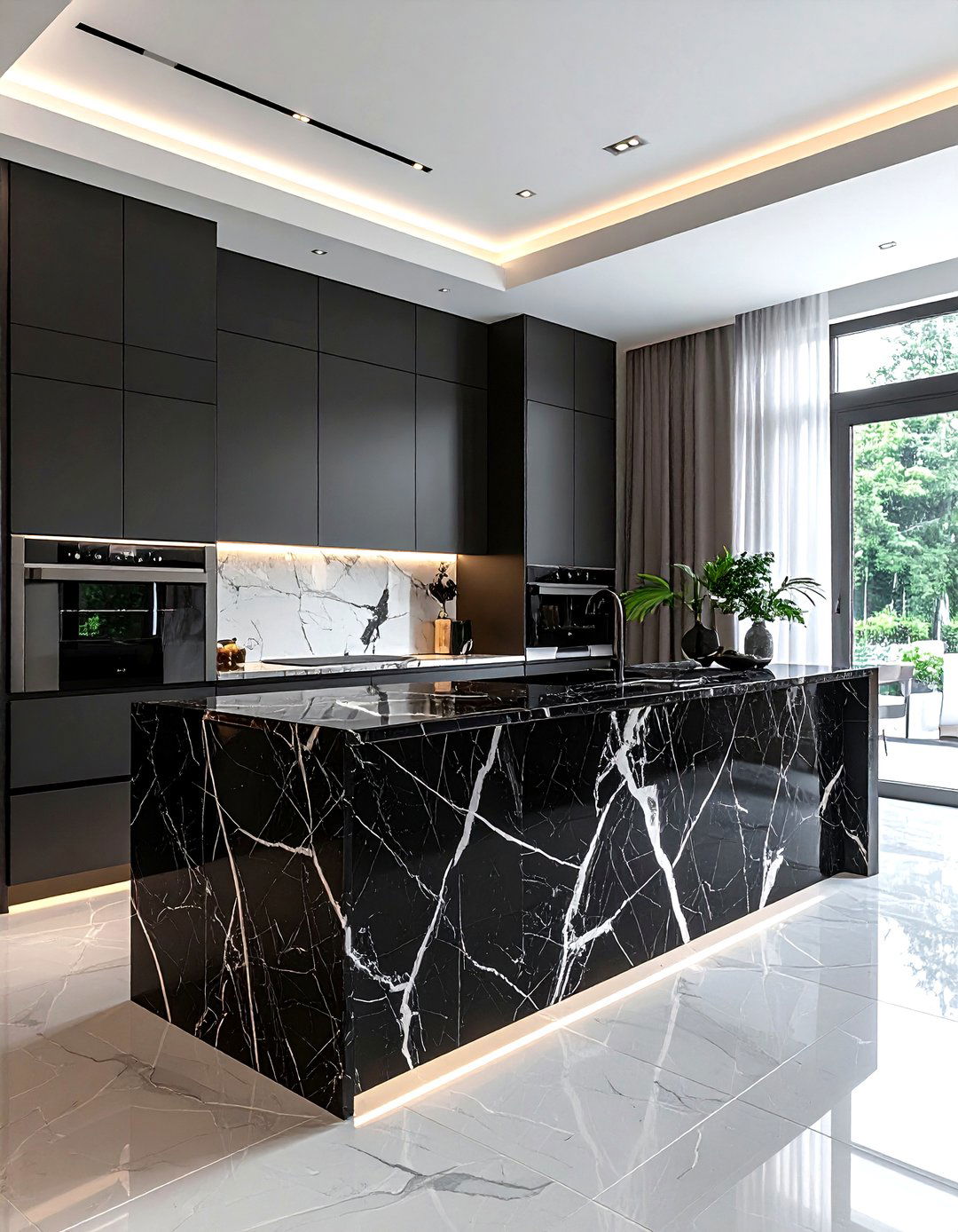 Veined marble waterfall countertop - 30 waterfall countertop kitchen ideas