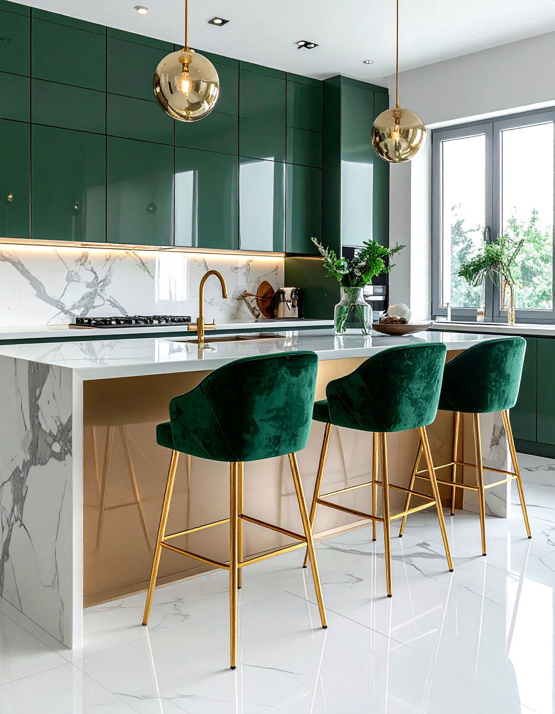 Velvet Bar Chairs - 30 warm modern kitchen ideas