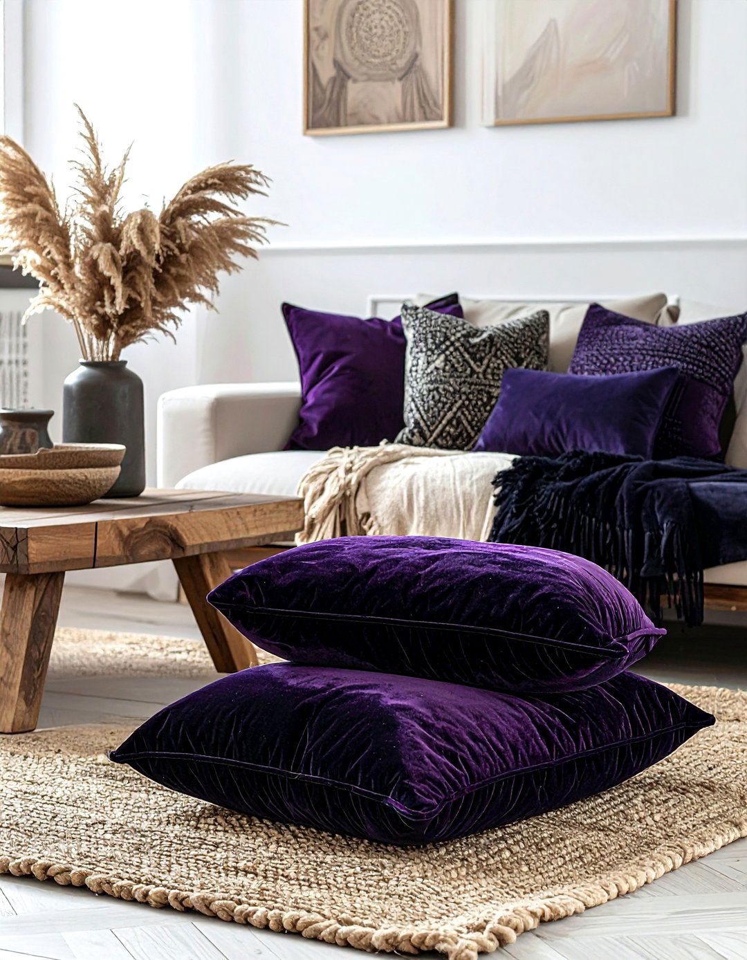 Velvet Floor Cushions - 30 bohemian black living room ideas