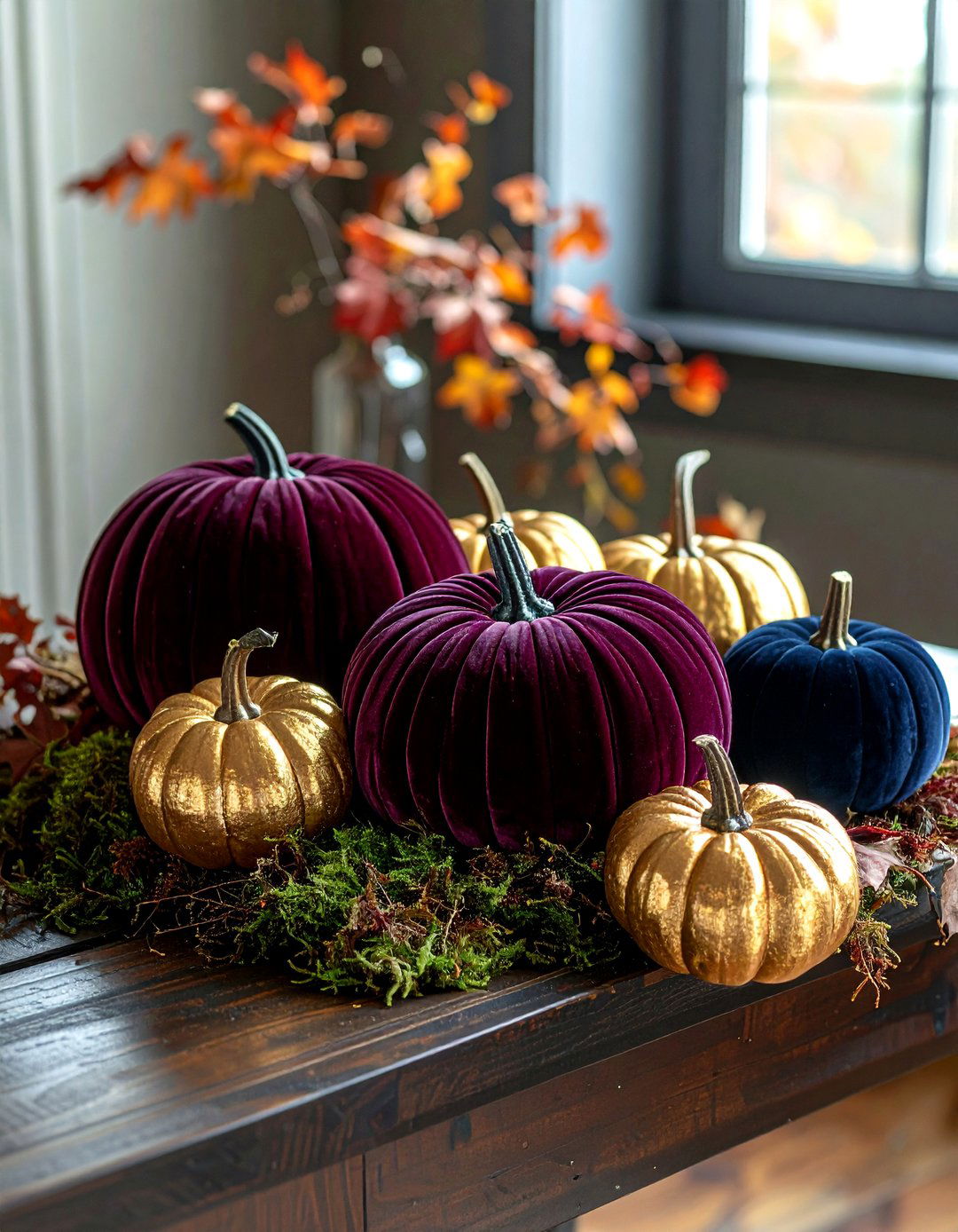 Velvet Pumpkin Harvest Display - 30 elaborate centerpiece dining ideas