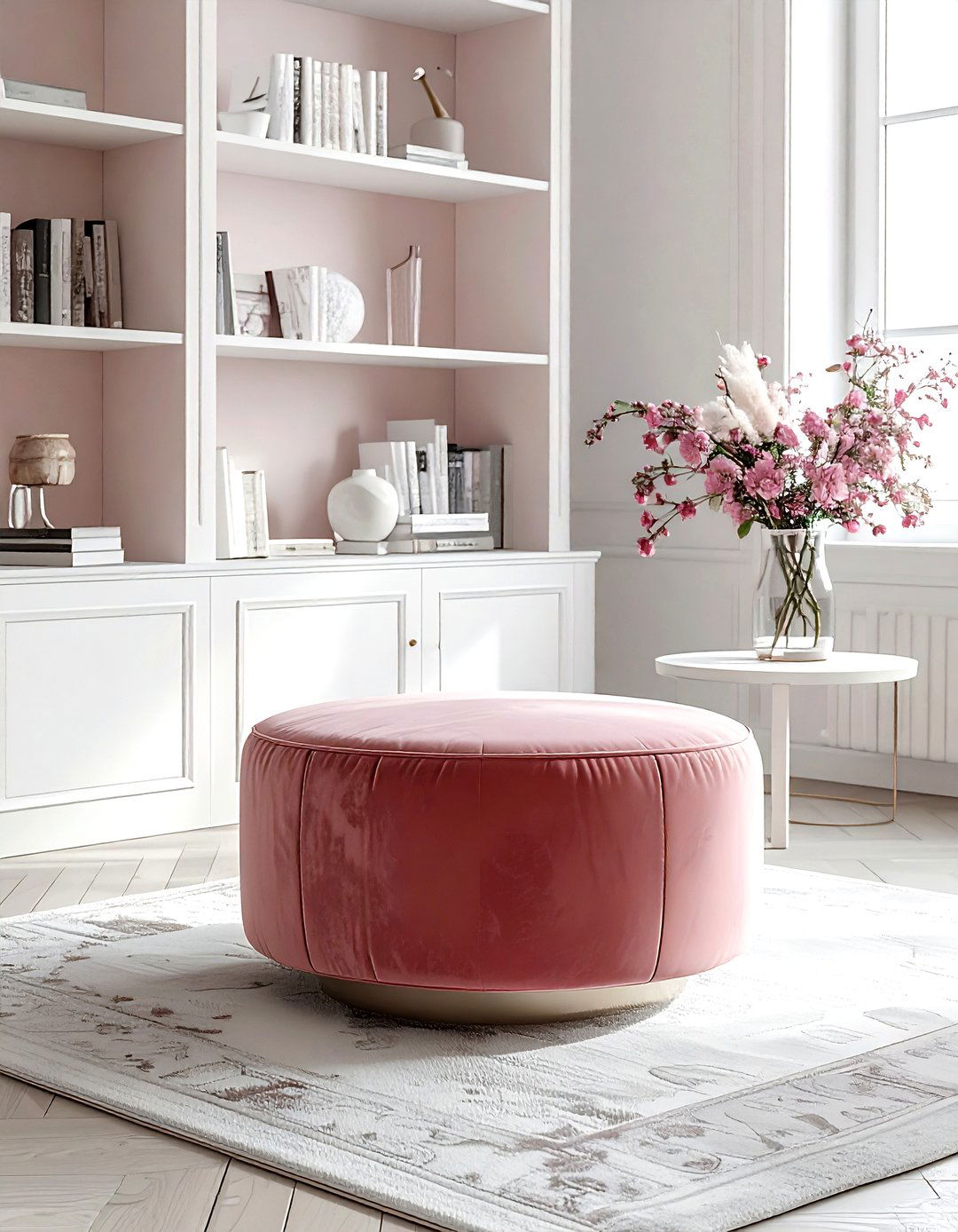 Velvet Round Ottoman - 30 living room pouf seating ideas