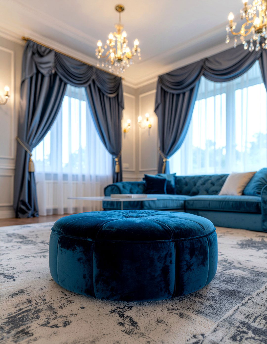 Velvet Round Pouf - 30 living room pouf ideas