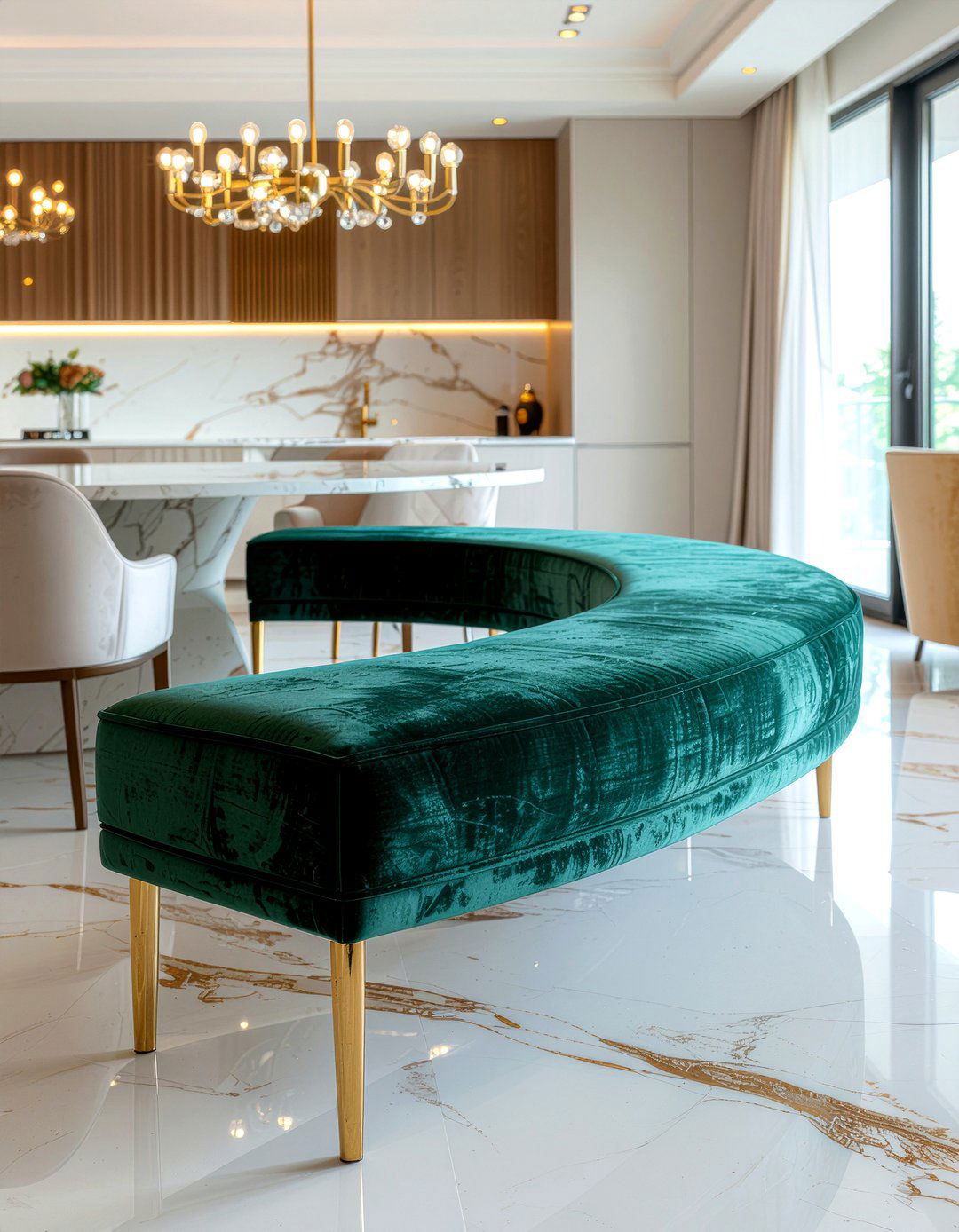 Velvet Upholstered Curved Dining Bench - 30 curved dining bench ideas