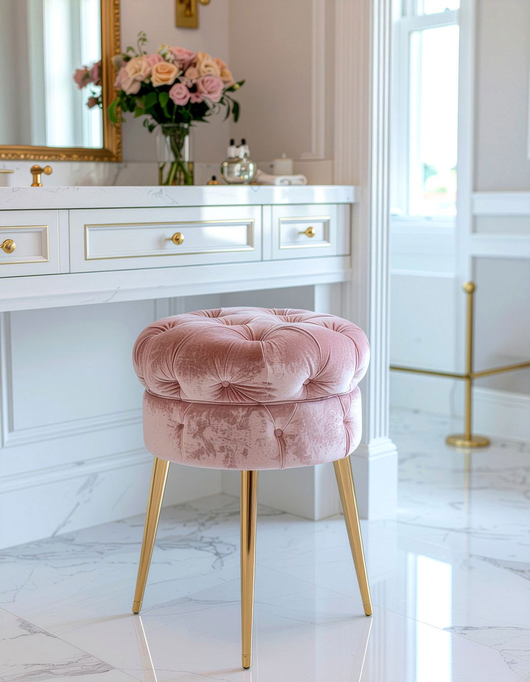 Velvet Vanity Stool - 30 bathroom finishing touch ideas