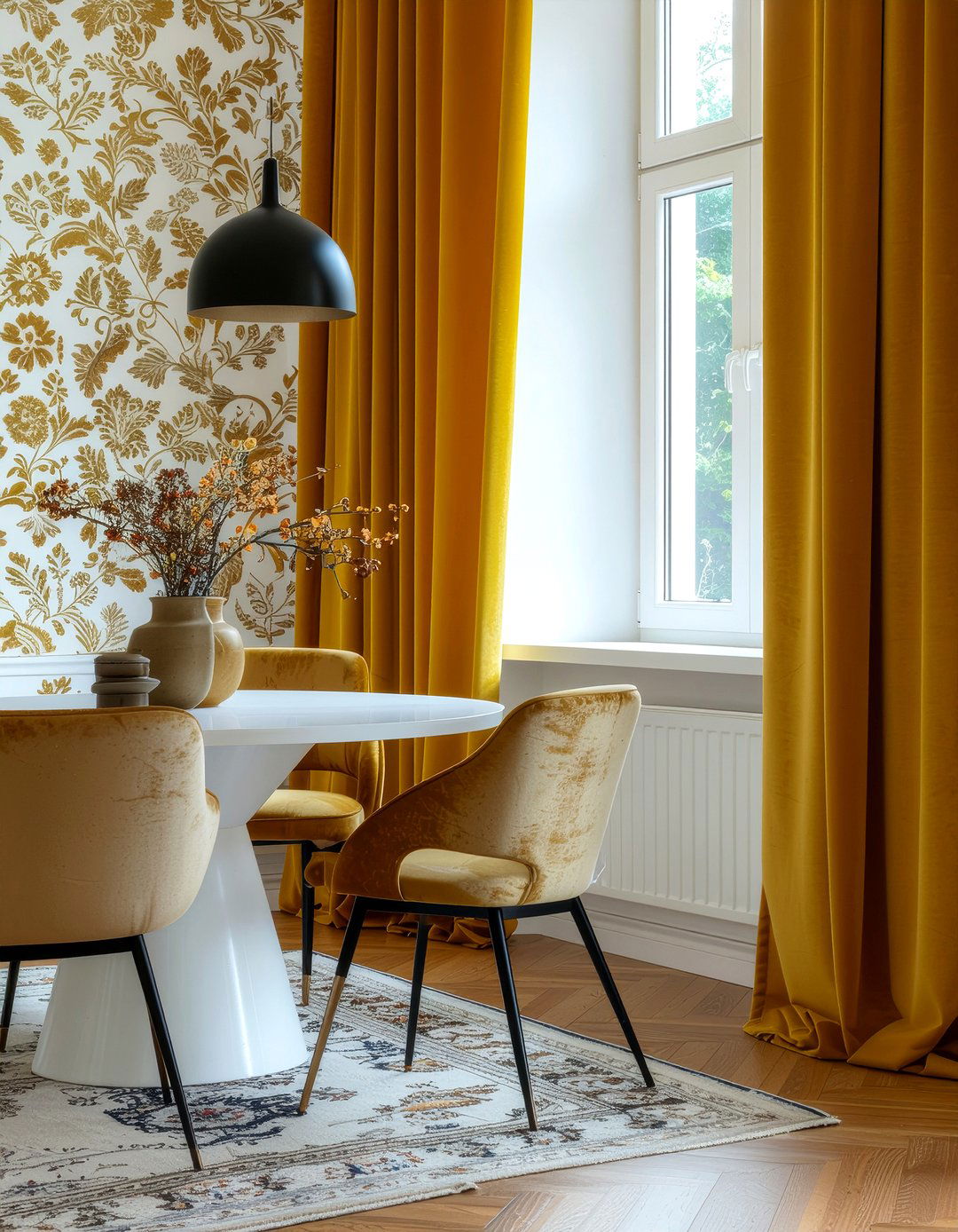 Velvet Window Drapery - 30 maximalist dining room ideas