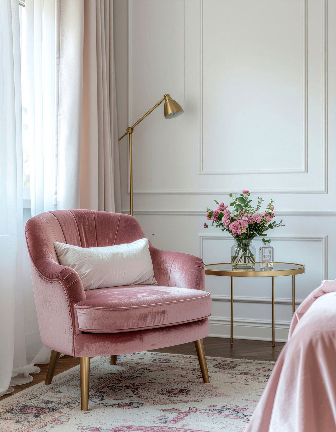 Velvet accent chair - 30 glam bedroom ideas