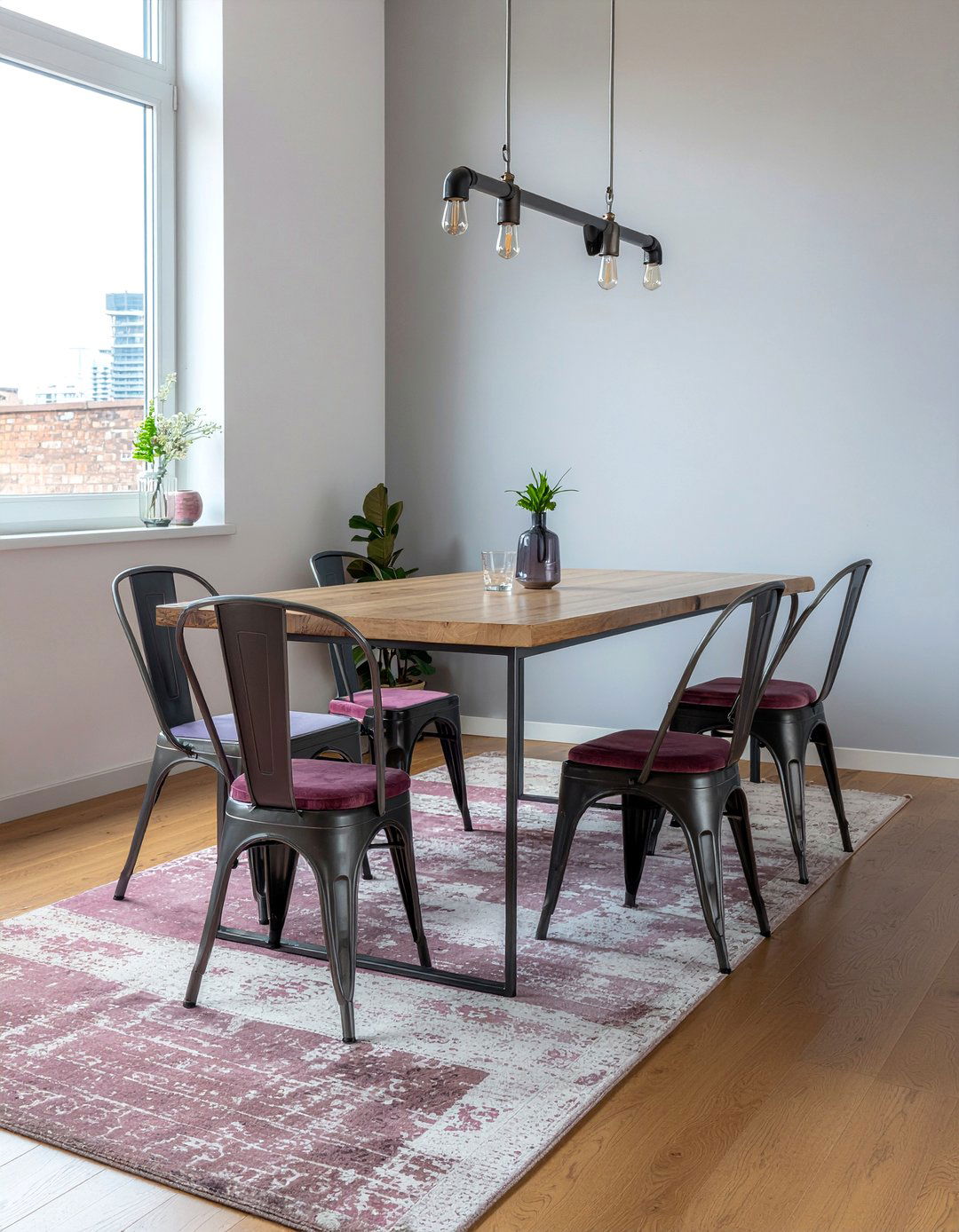 Velvet and industrial metal chairs - 30 dining room material mixing ideas