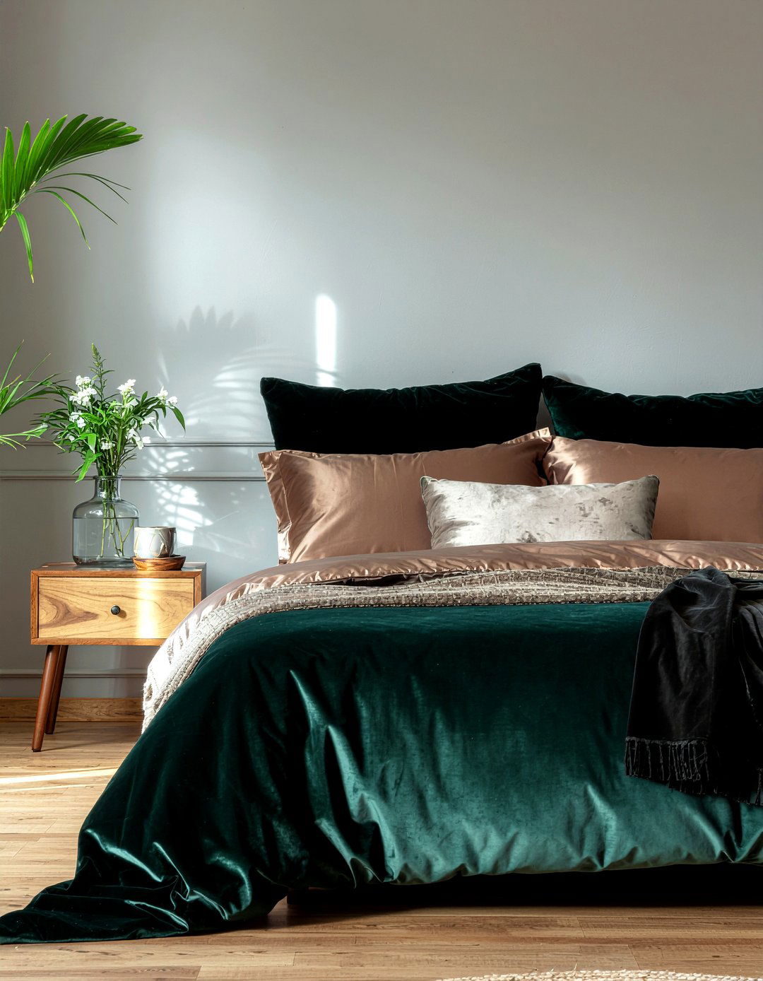 Velvet bedding with bronze pillows - 30 bronze accent bedroom ideas