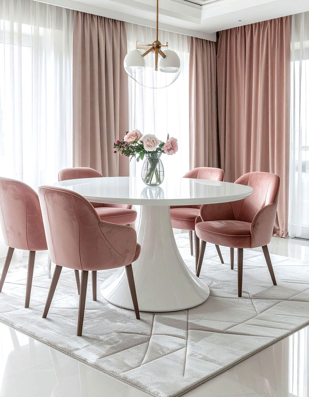 Velvet blush dining chairs white table - 30 blush and white dining room ideas