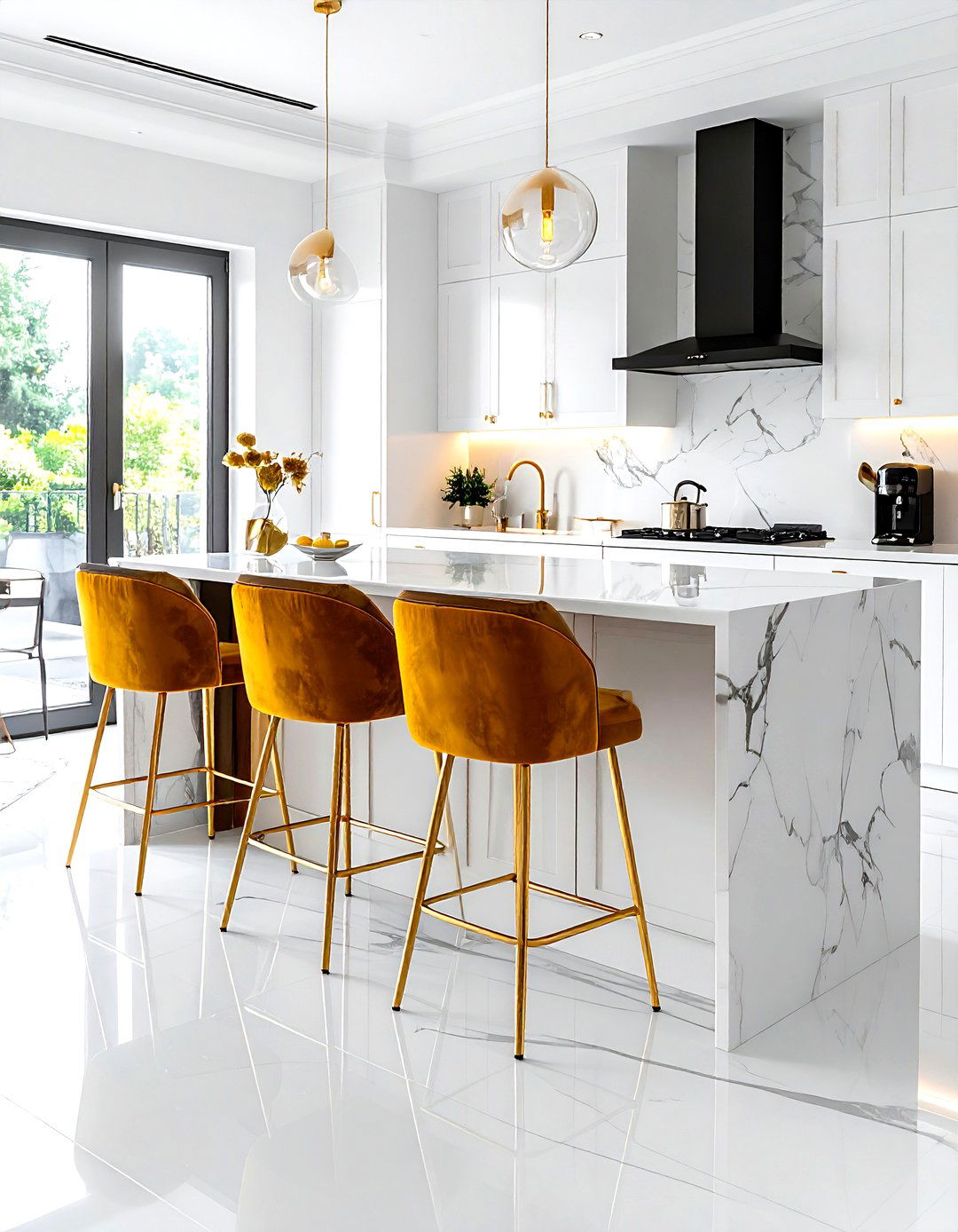 Velvet counter stools - 30 maximalist kitchen ideas