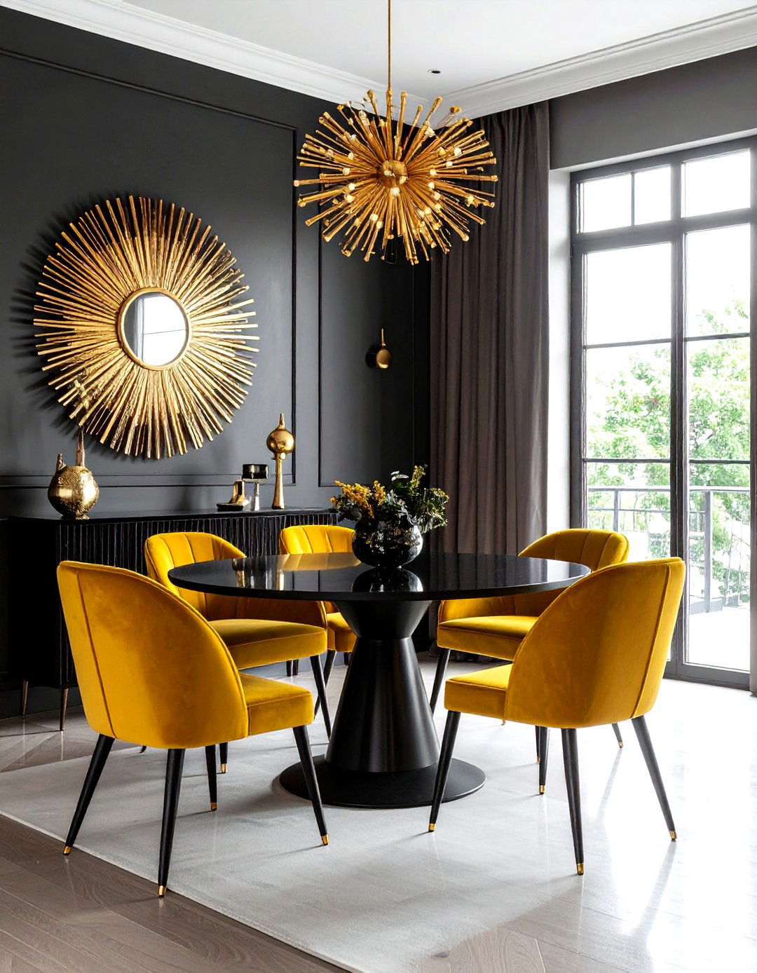Velvet dining chair sunburst mirror - 30 sunburst mirror dining room ideas