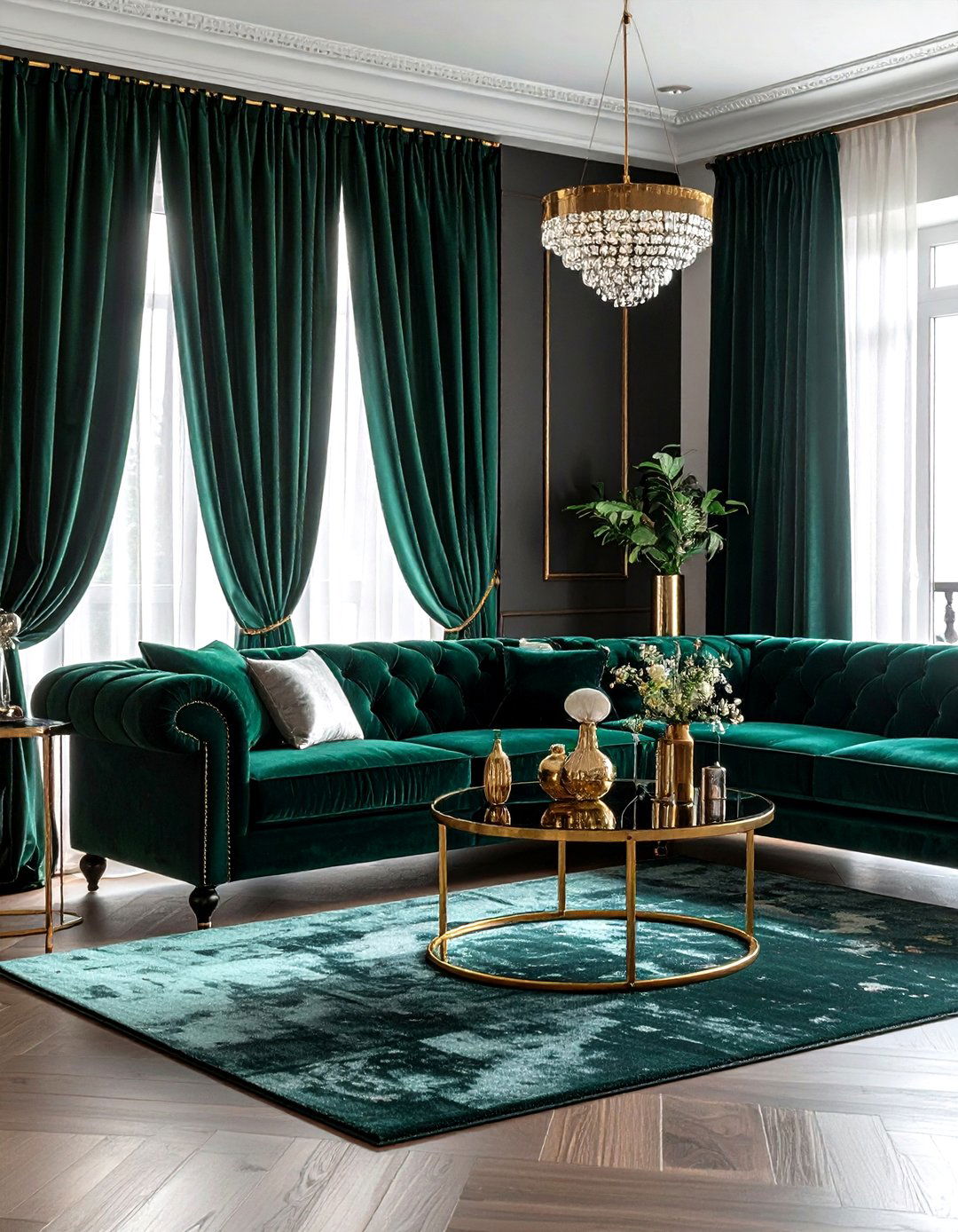Velvet emerald curtains - 30 living room curtain ideas