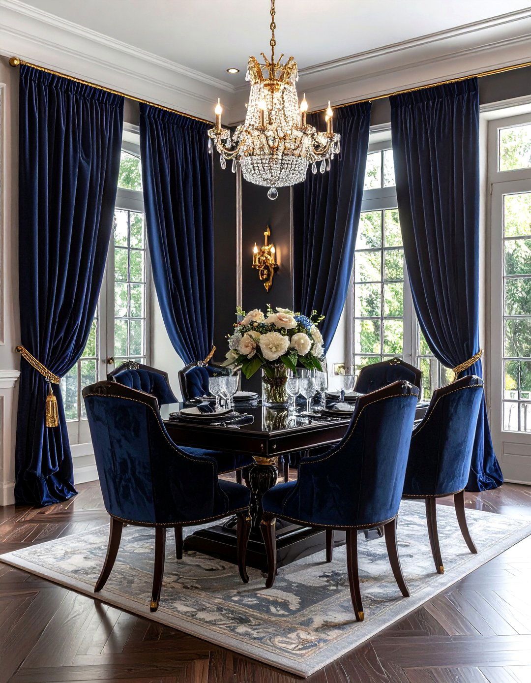Velvet floor length curtains - 30 dining room drape ideas