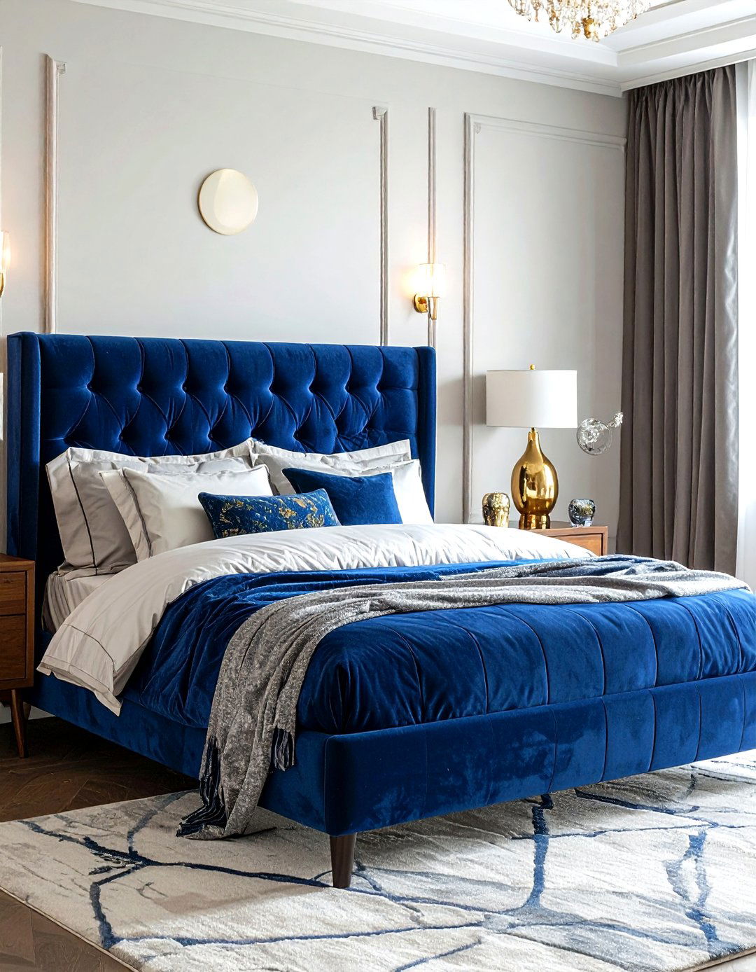 Velvet tufted headboard bedroom - 30 mid-century glam bedroom ideas