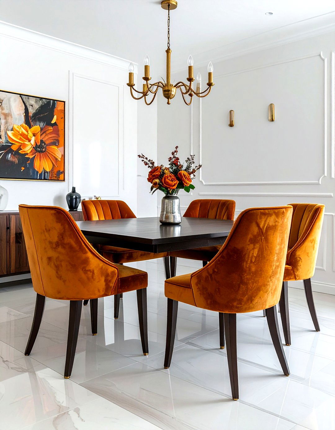 Velvet upholstered chairs - 30 golden hour dining room ideas