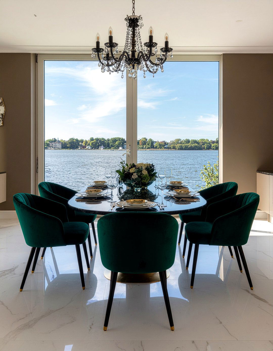 Velvet upholstered chairs - 30 riverside dining room ideas