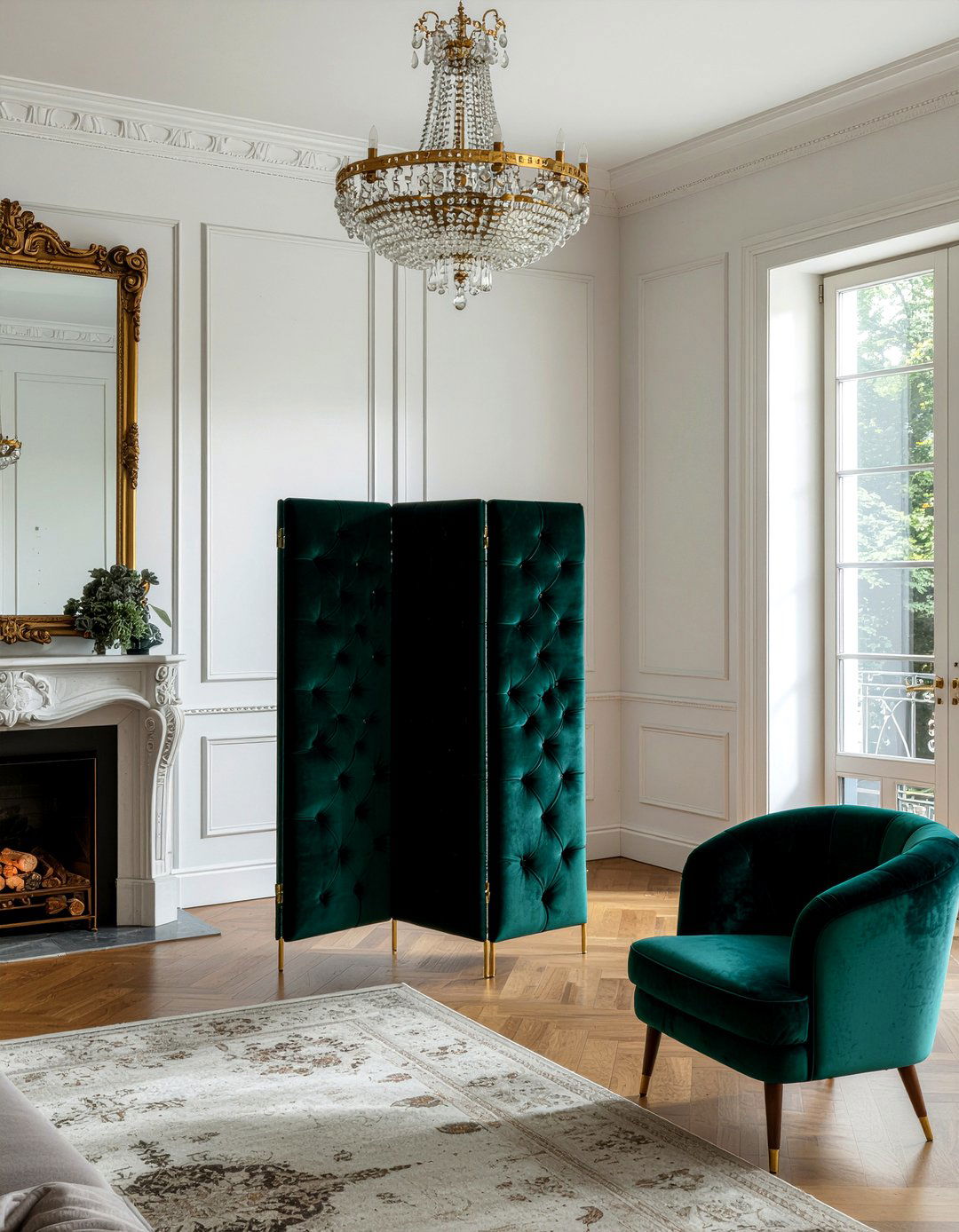 Velvet upholstered folding screen - 30 living room screen ideas