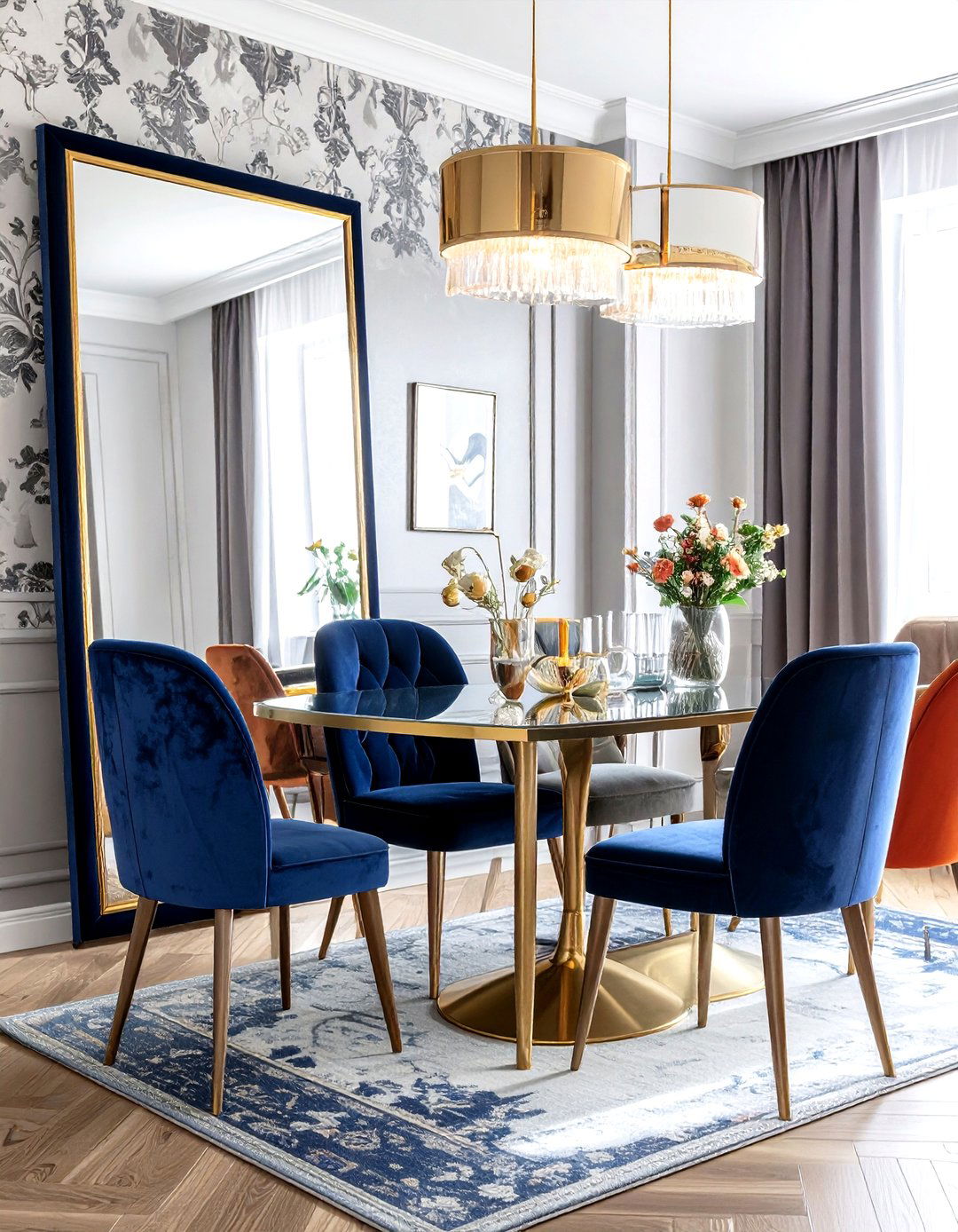 Velvet upholstered frame mirror - 30 leaning mirror dining room ideas