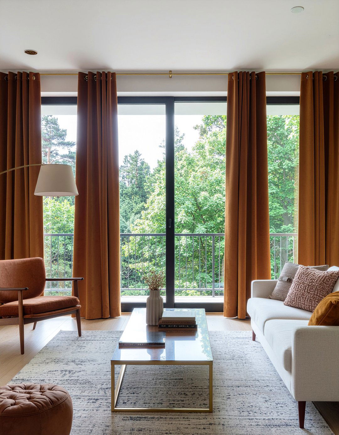 Velvet window curtains - 30 mid-century glam living room ideas
