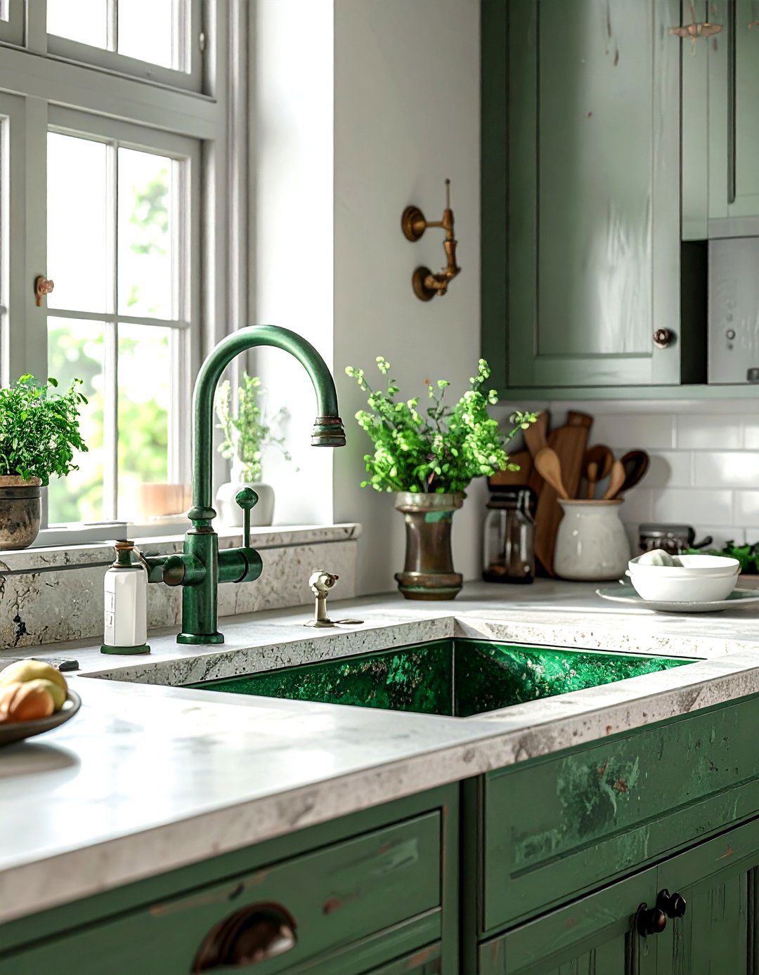 Verdigris Green Kitchen Faucet - 30 green kitchen decor ideas