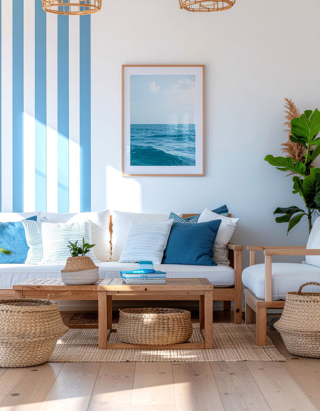 Vertical Blue And White Stripe - 30 living room striped wall ideas