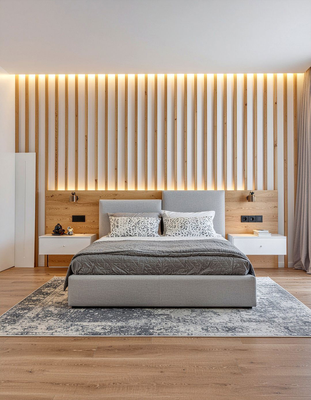 Vertical Oak Wood Slat - 30 bedroom wood wall ideas