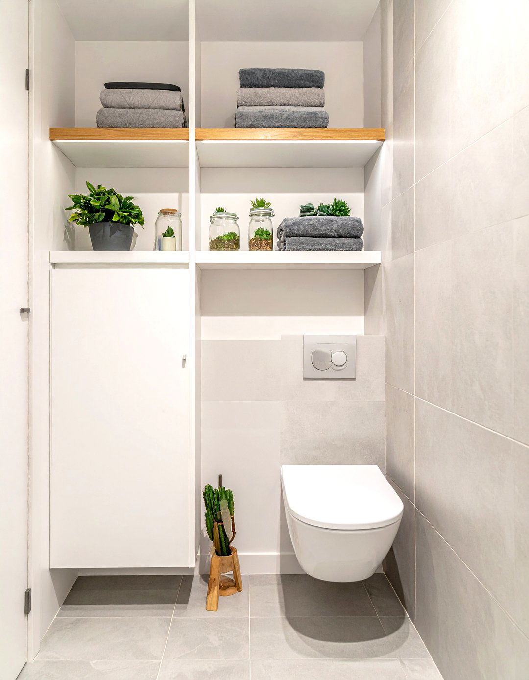 Vertical Open Shelving - 30 studio apartment bathroom ideas