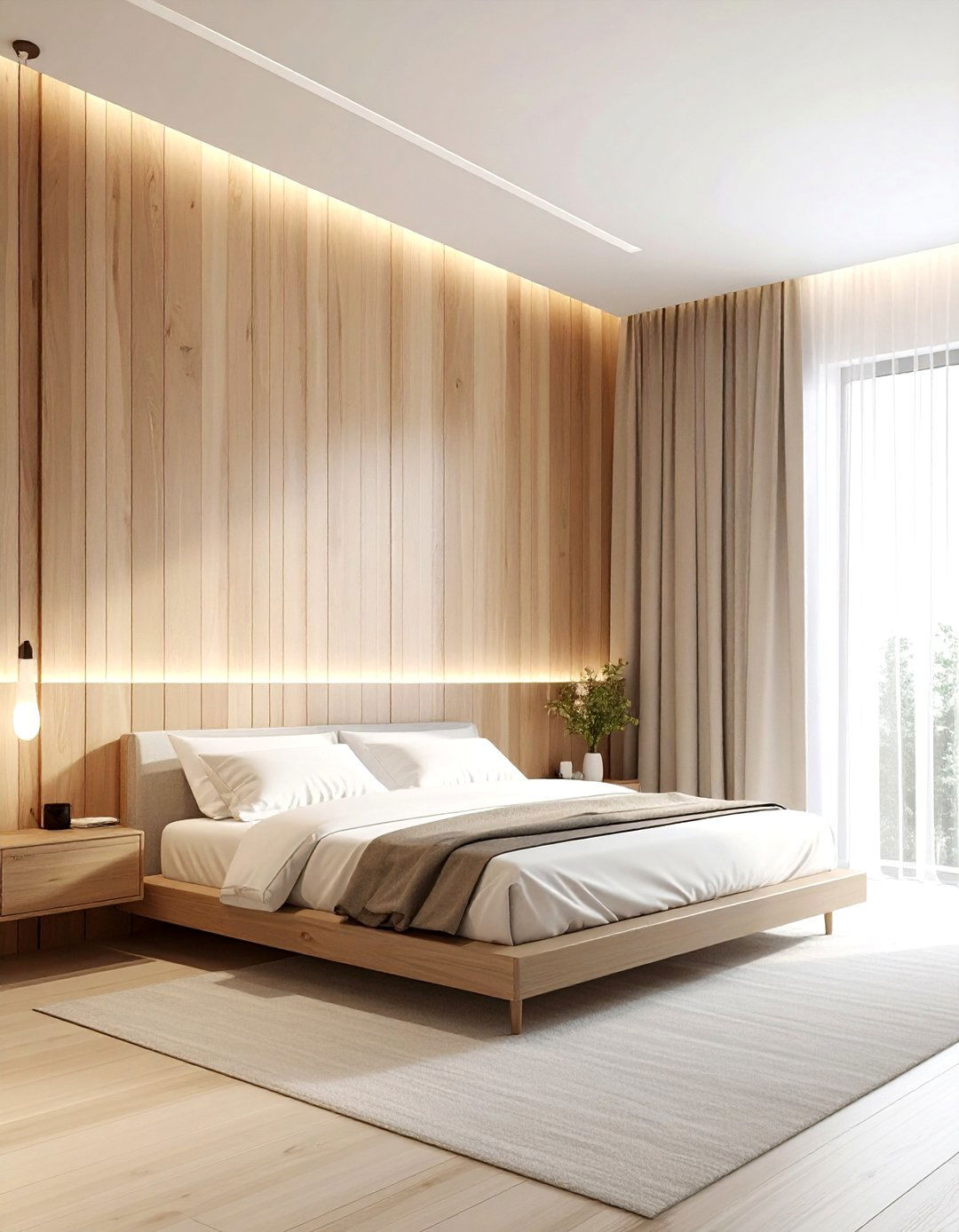 Vertical Slatted Wood Wall - 30 soft minimalist bedroom ideas