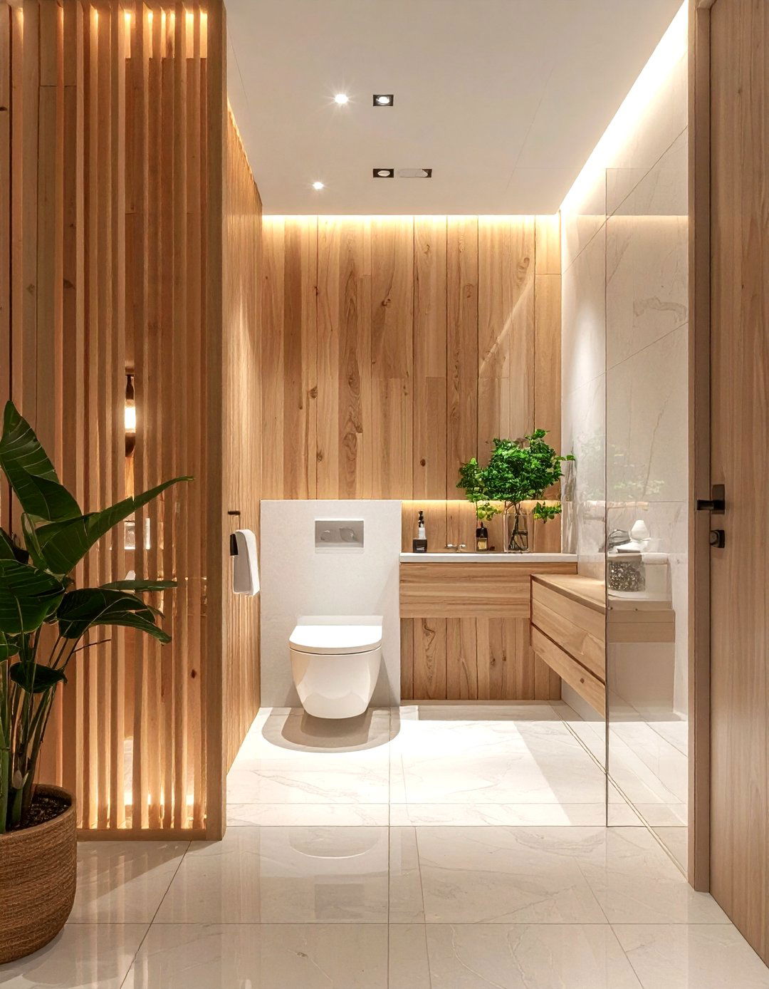 Vertical Wood Slat Partition - 30 wood bathroom ideas