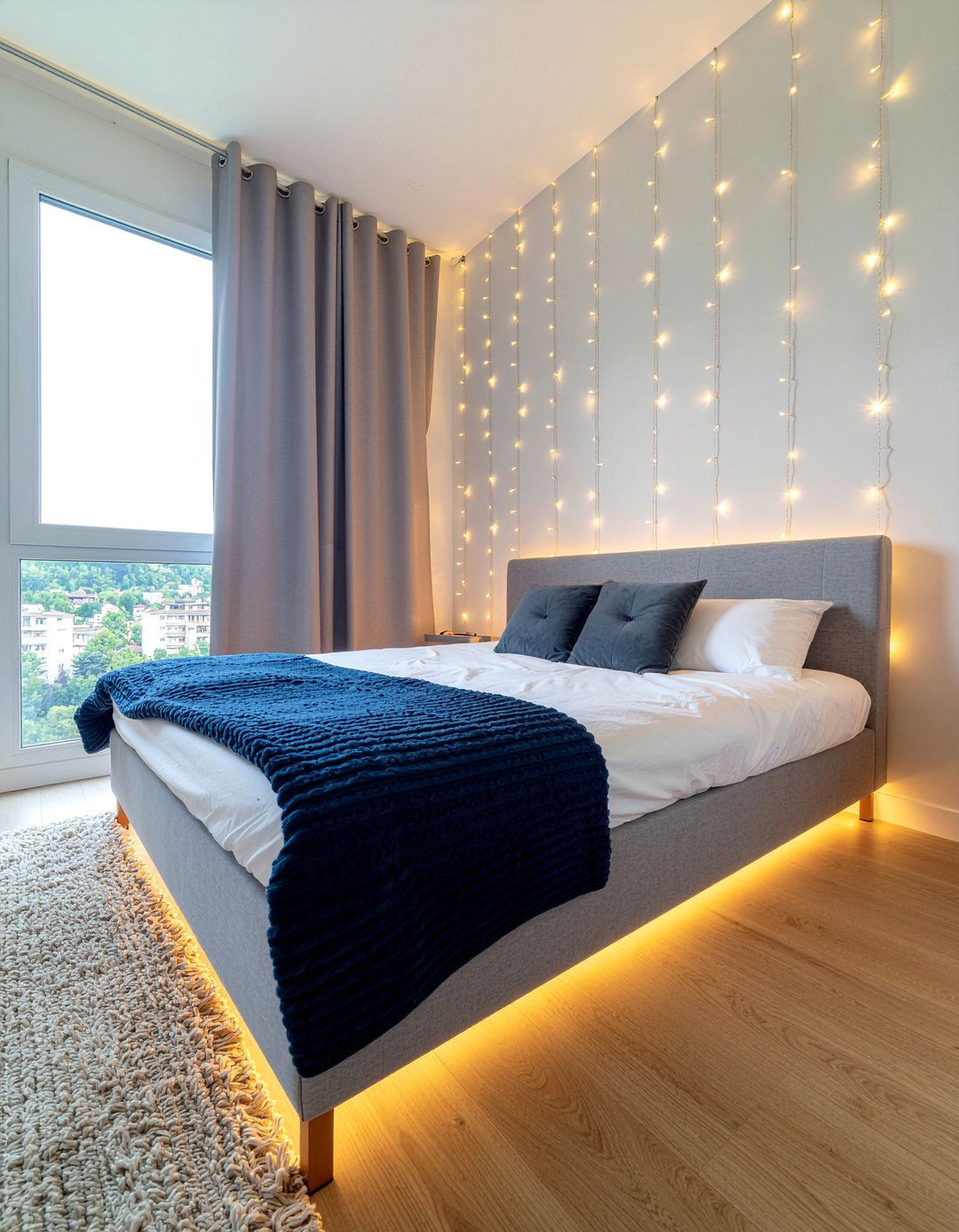 Vertical fairy lights - 30 bedroom fairy lights ideas