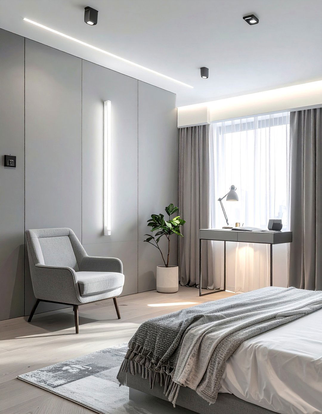 Vertical led light bar in corner - 30 bedroom ambient lighting ideas