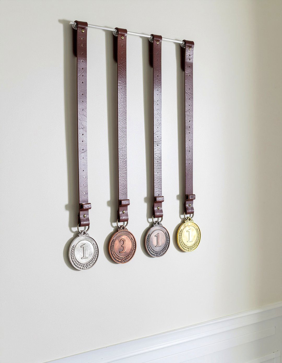 Vertical medal hanging strap - 30 bedroom medal display ideas