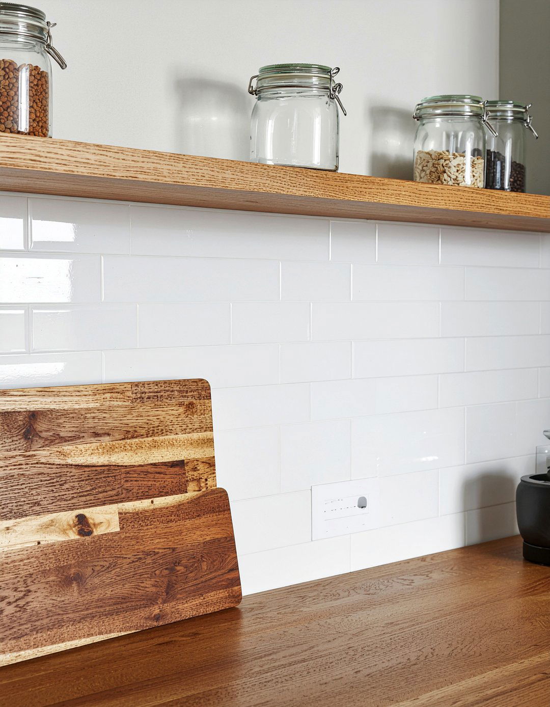 Vertical stacked tile with open shelving - 30 open shelf backsplash kitchen ideas