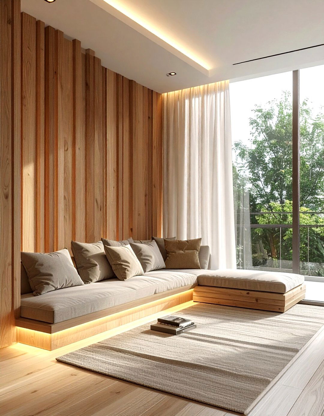 Vertical timber battens - 30 living room flat panel ideas